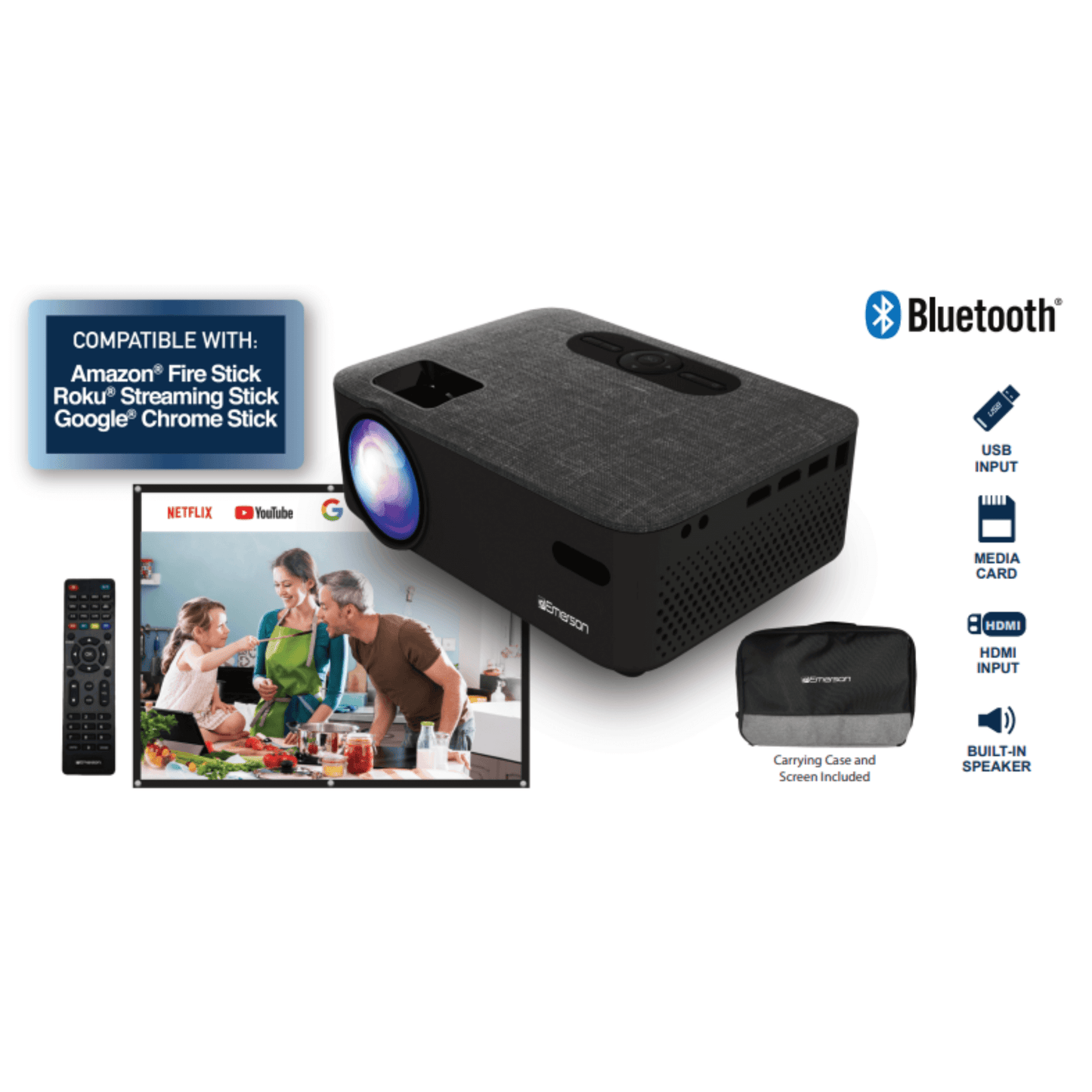 Black projector with compatibility features on a white background tech gift for dad who loves movies
