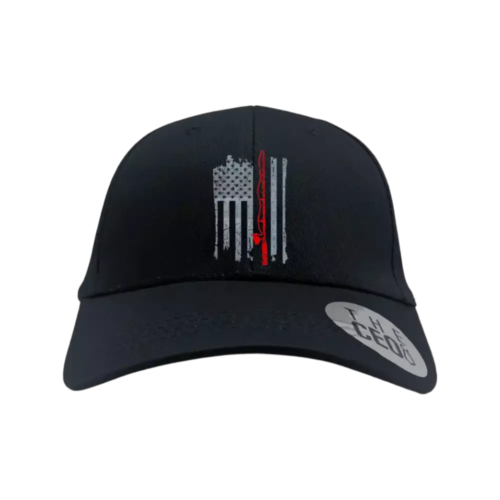 Fishing Rod American Flag Embroidered Baseball Hat in Black