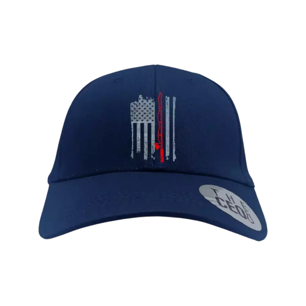 Fishing Rod American Flag Embroidered Baseball Hat in Blue