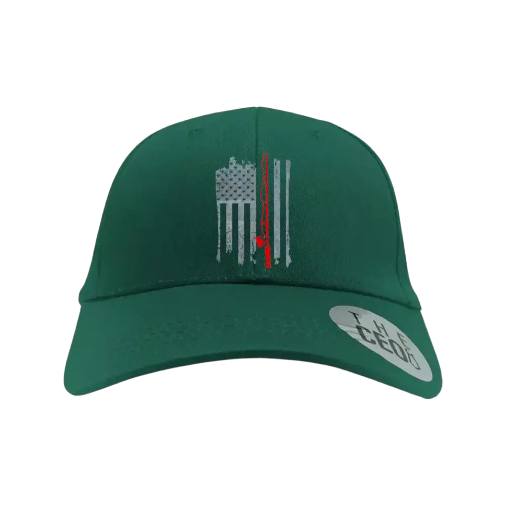 Fishing Rod American Flag Embroidered Baseball Hat in Green