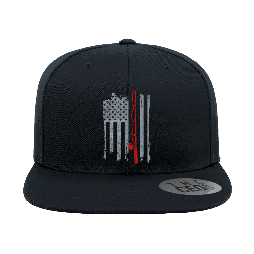 Fishing Rod American Flag Embroidered Flat Bill Cap in Black