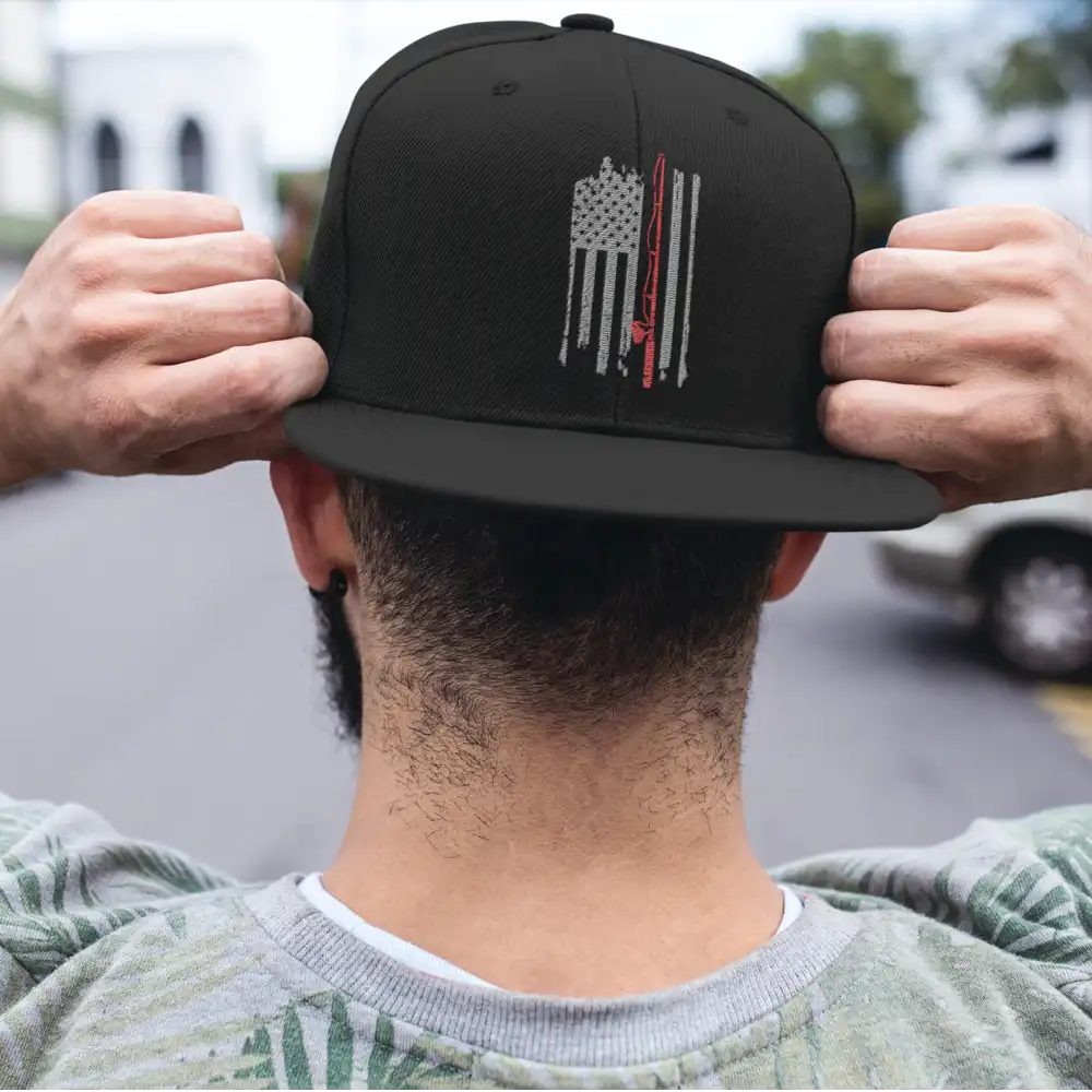 Fishing Rod American Flag Embroidered Flat Bill Cap in Black