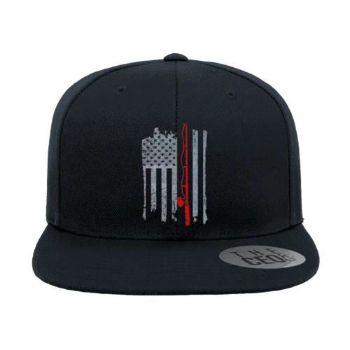 Fishing Rod American Flag Embroidered Flat Bill Cap in Black