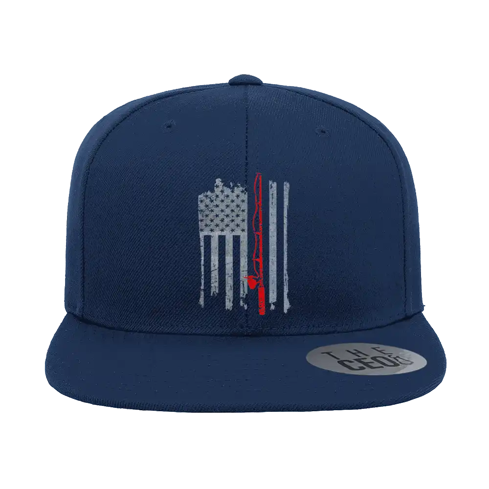 Fishing Rod American Flag Embroidered Flat Bill Cap in Blue