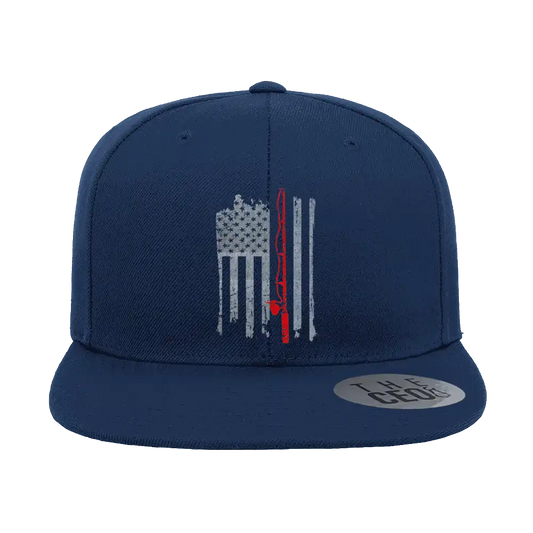 Fishing Rod American Flag Embroidered Flat Bill Cap in Blue