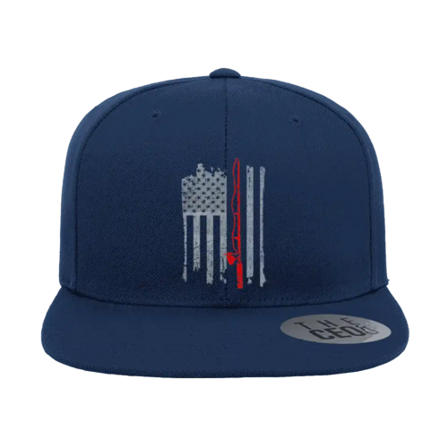 Fishing Rod American Flag Embroidered Flat Bill Cap in Blue