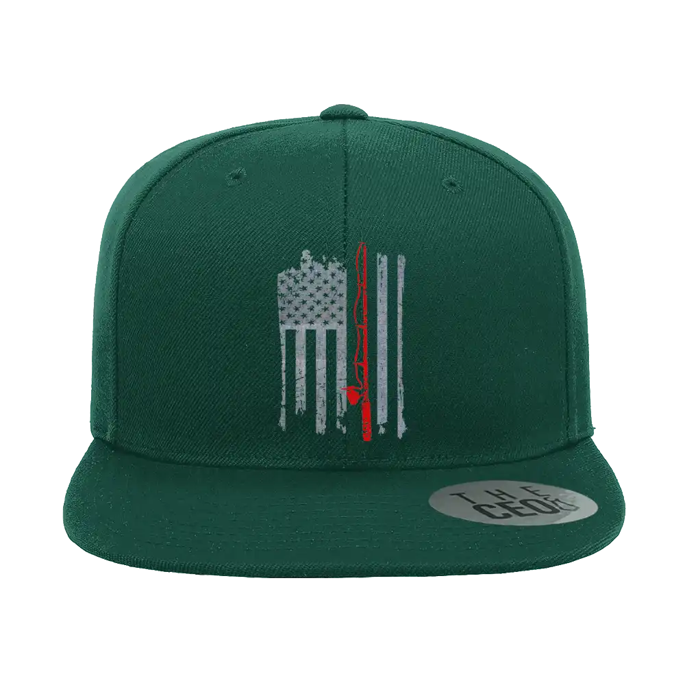Fishing Rod American Flag Embroidered Flat Bill Cap in Green