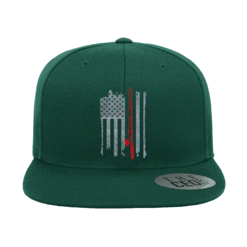 Fishing Rod American Flag Embroidered Flat Bill Cap in Green