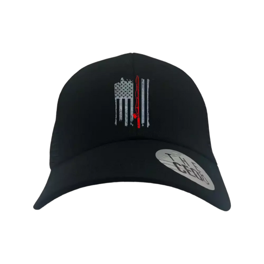 Fishing Rod American Flag Embroidered Trucker Hat in Black