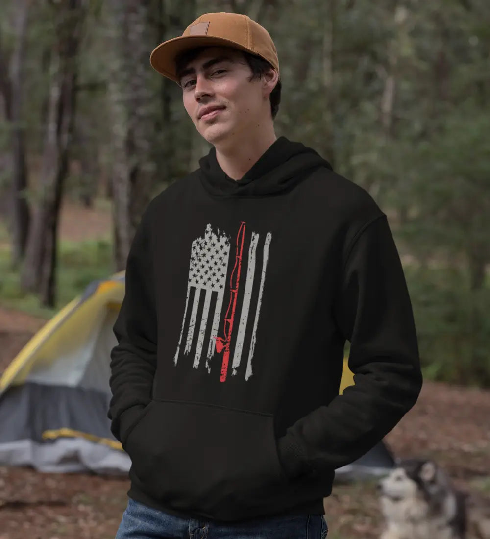 Fishing Rod American Flag Unisex Hoodie in Black