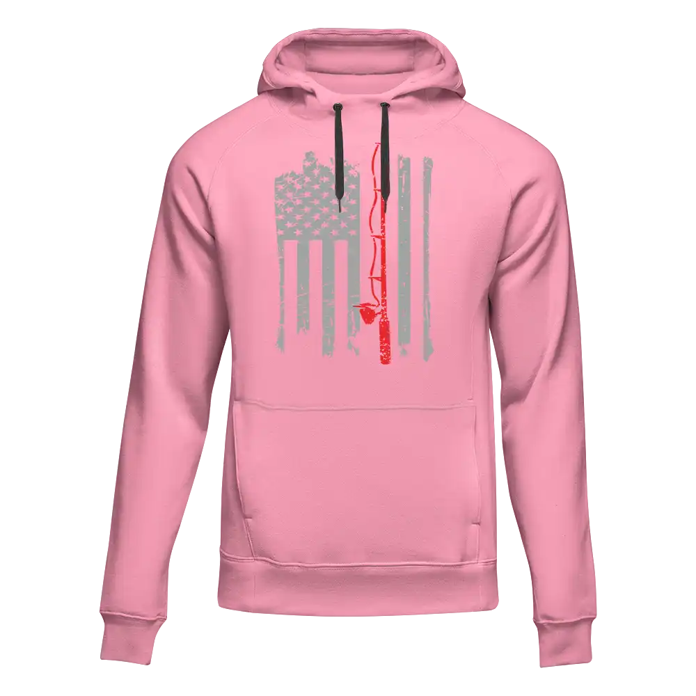 Fishing Rod American Flag Unisex Hoodie in Pink