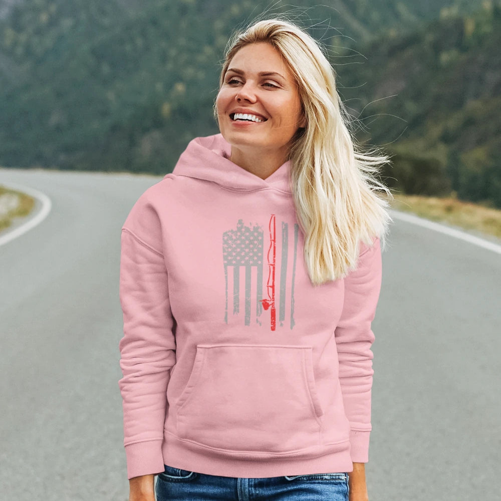 Fishing Rod American Flag Unisex Hoodie in Pink