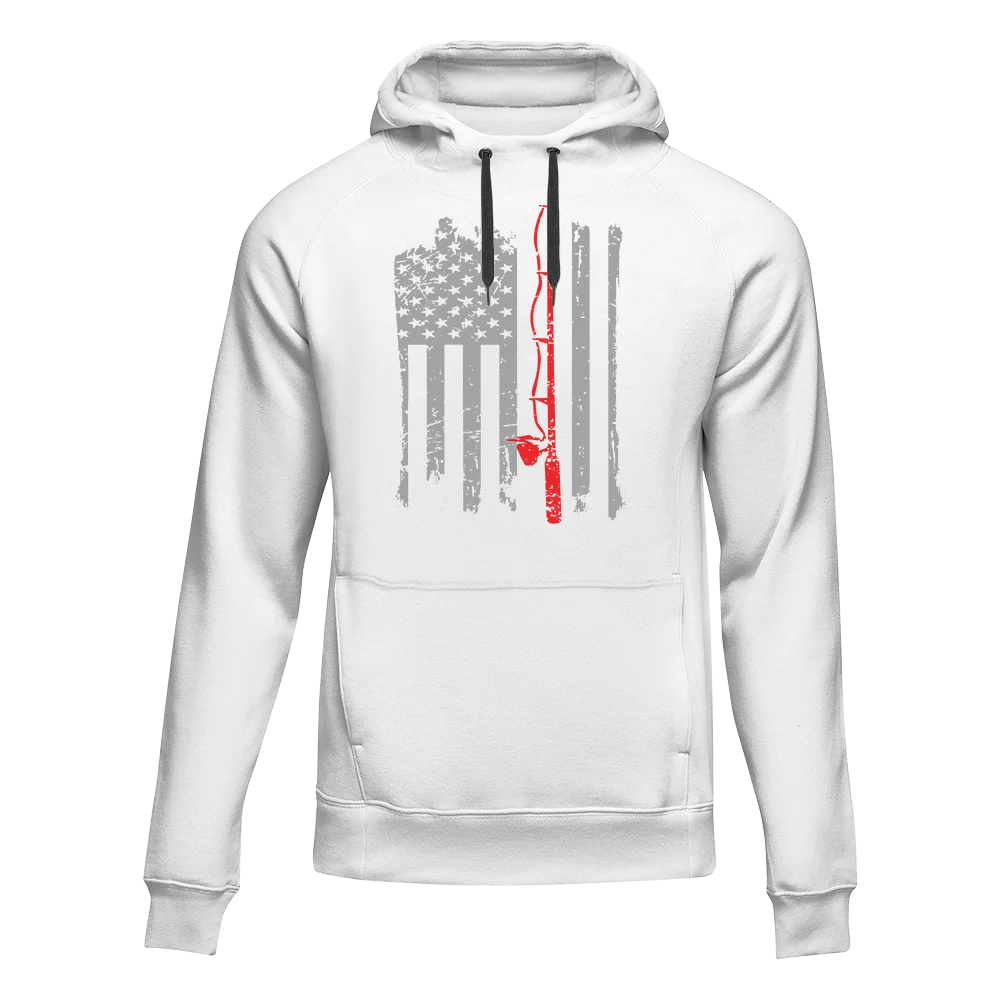 Fishing Rod American Flag Unisex Hoodie in White