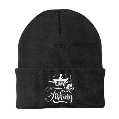 Gone Fishing Embroidered Beanie in Black