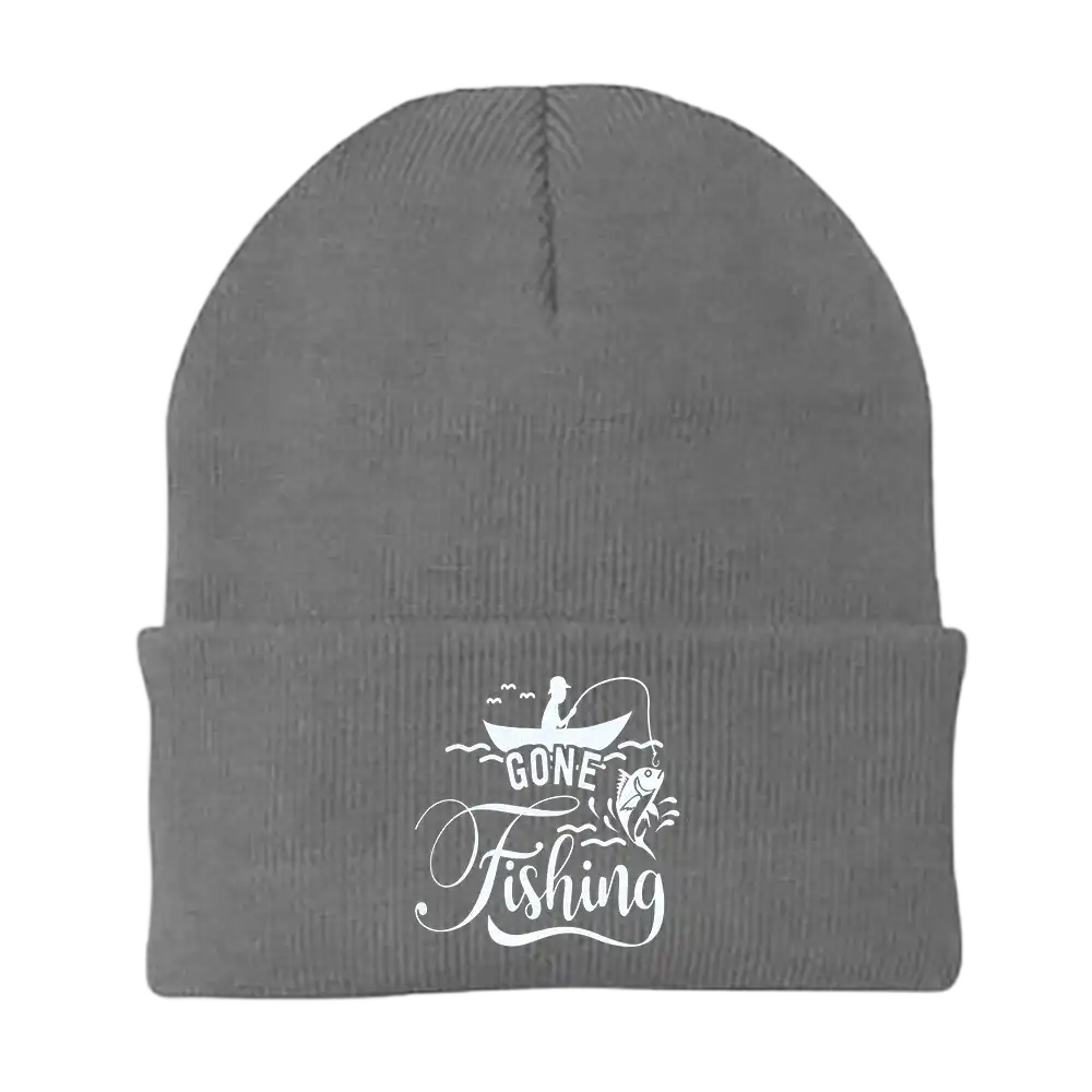 Gone Fishing Embroidered Beanie in Gray
