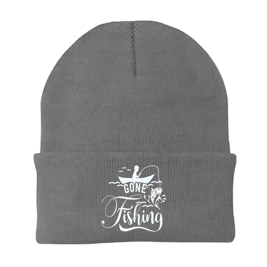 Gone Fishing Embroidered Beanie in Gray