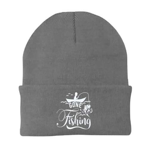 Gone Fishing Embroidered Beanie in Gray