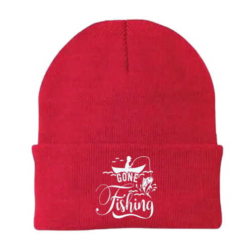 Gone Fishing Embroidered Beanie in Red