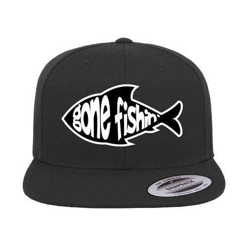 Gone Fishing Embroidered Flat Bill Cap in Black