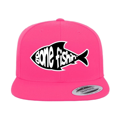 Gone Fishing Embroidered Flat Bill Cap in Pink