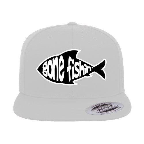 Gone Fishing Embroidered Flat Bill Cap in White