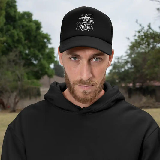 Gone Fishing Embroidered Trucker Hat in Black