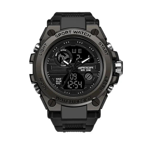 Military sport watch in all black, front view on white background with tone-on-tone matte finish