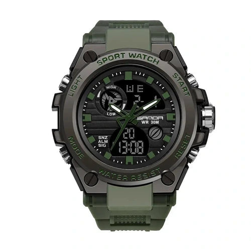 Military sport watch in army green, front view on white background showing dual analog-digital display