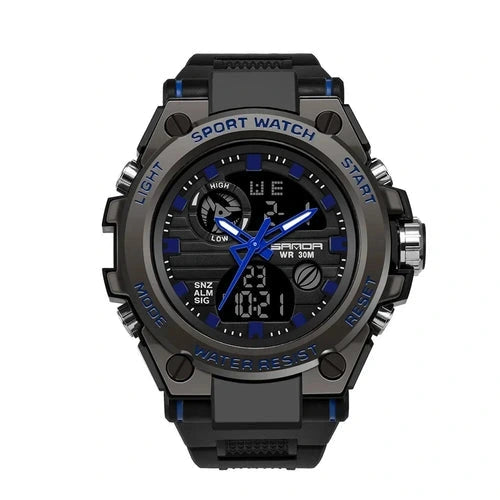 Military sport watch in black and blue, front view on white background with blue accented hands