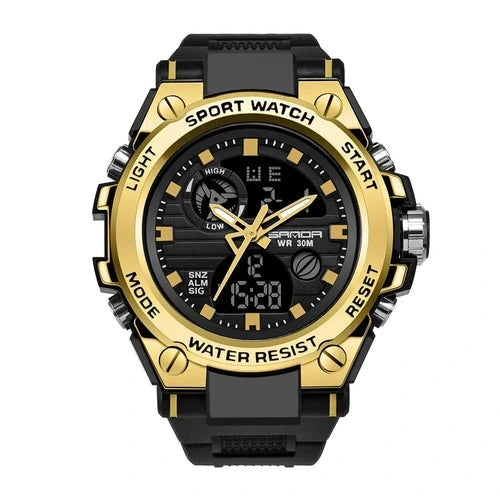 Military sport watch in black and gold, front view on white background with gold-tone bezel accents