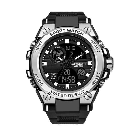 Military sport watch in black and silver, front view on white background with chunky case design