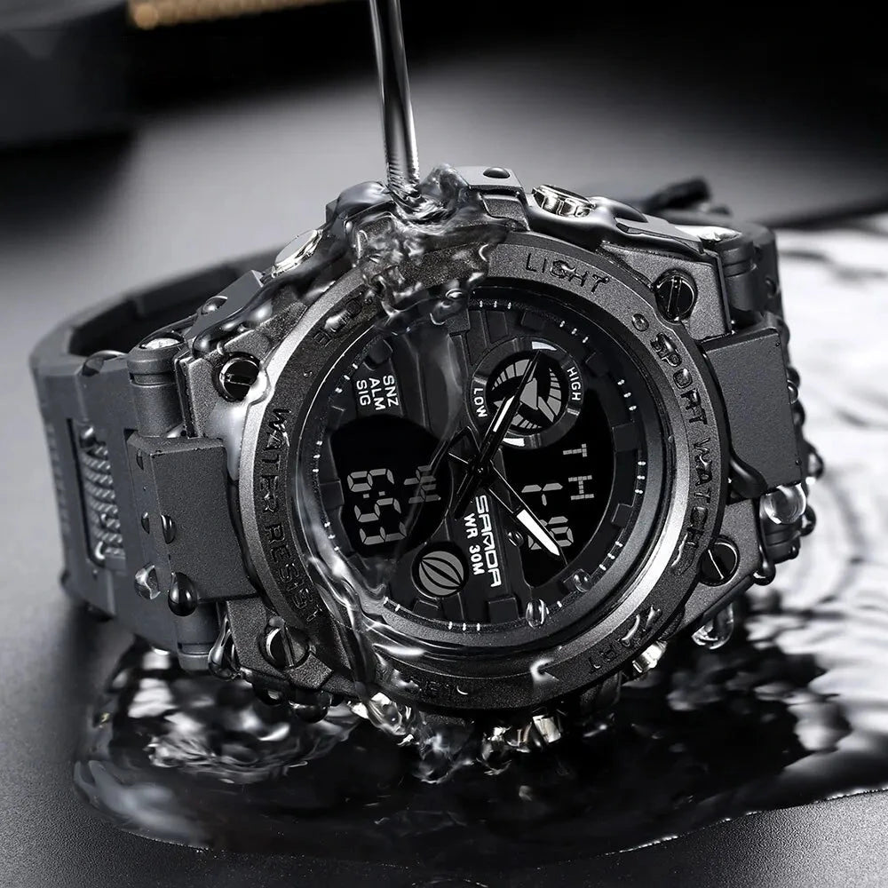 Military sport watch in black and silver splashed with water, showing its 30m water resistance