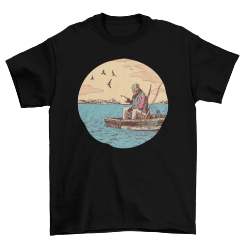 Old Man Fishing T-Shirt in Black