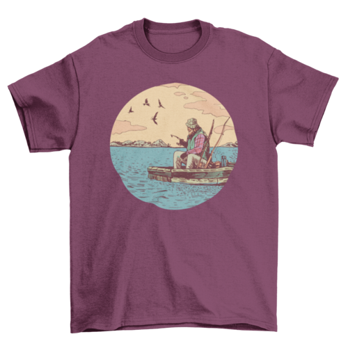 Old Man Fishing T-Shirt in Maroon