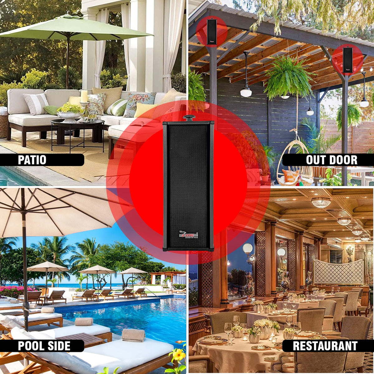 Outdoor wall speaker shown on a patio, porch, pool deck and restaurant