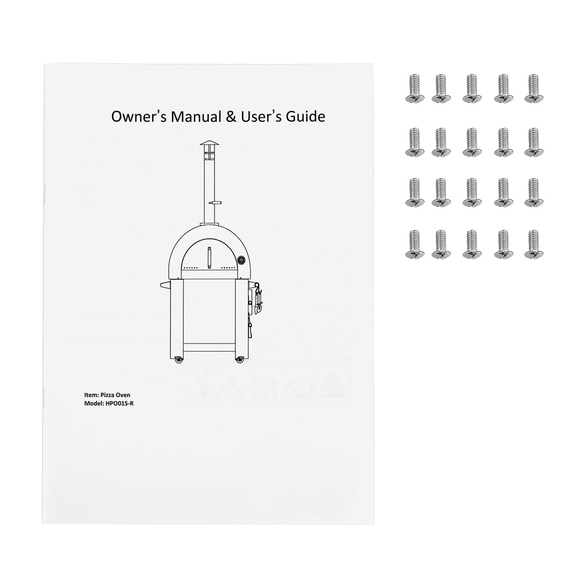 Owner's Manual & User's Guide for a pizza oven with screws on a white background unique BBQ and cooking gift for dad