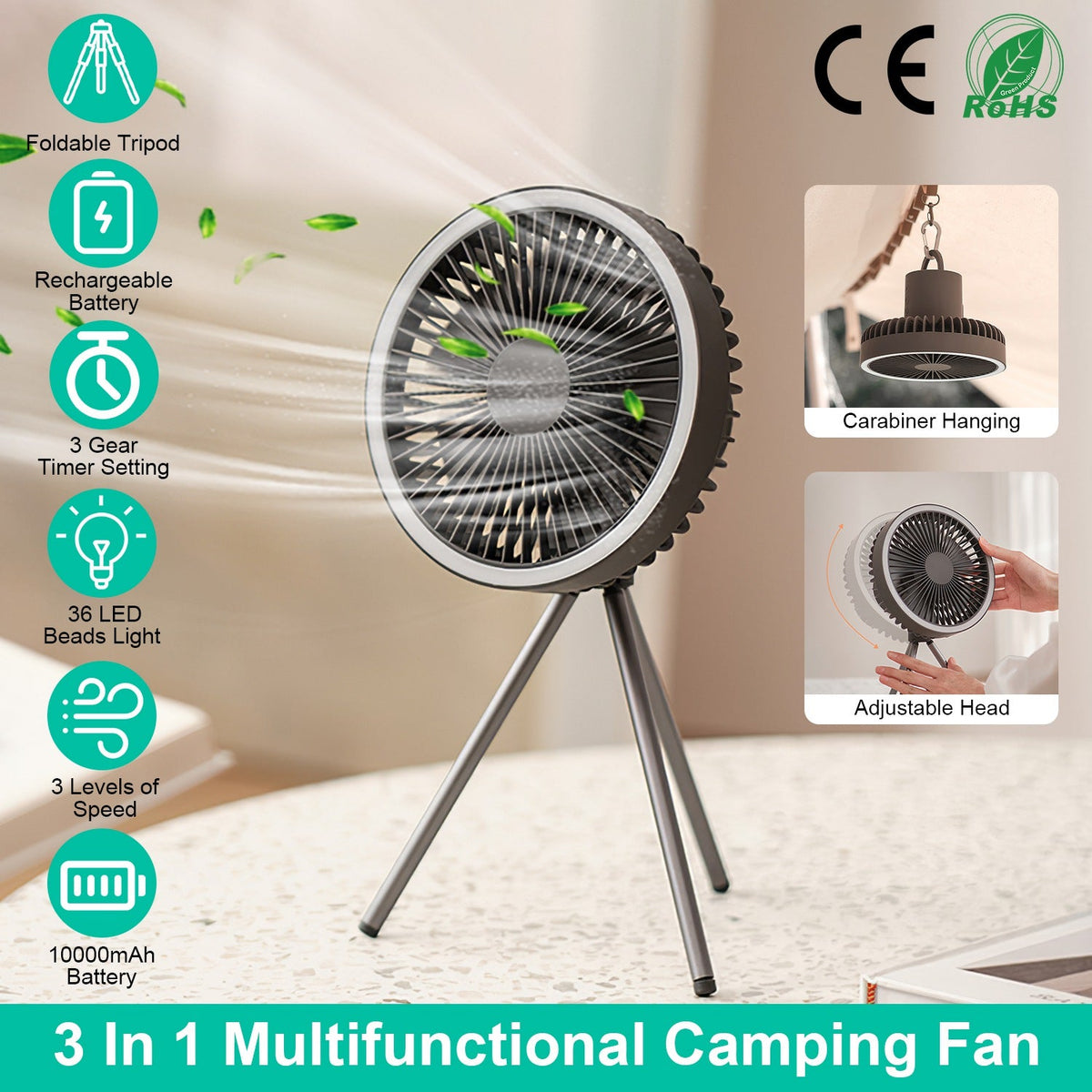 Rechargeable Camping Fan with Lantern and Tripod
