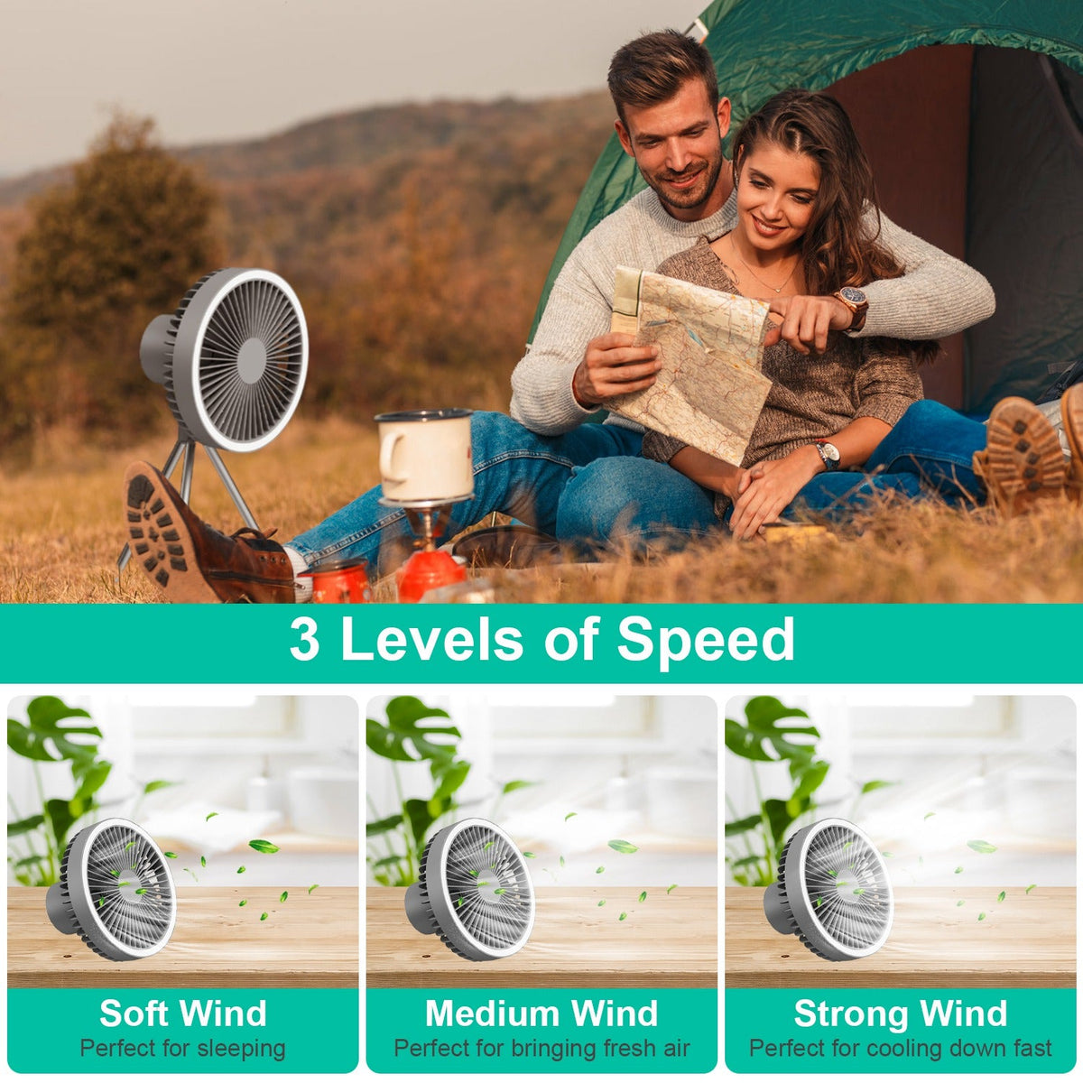 Rechargeable Camping Fan with Lantern and Tripod, alternate view