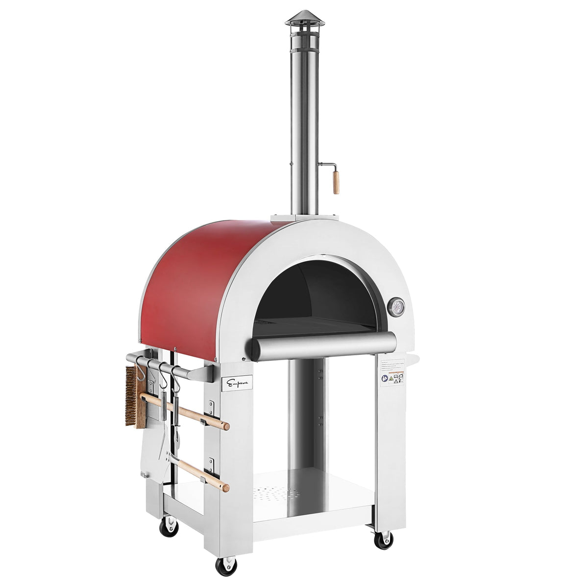 Red and white outdoor pizza oven on a white background Empava outdoor wood-fired pizza oven — unique BBQ and cooking gift for dad