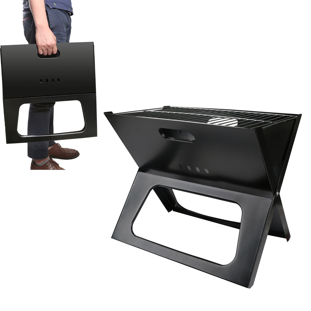 Steel tabletop foldable charcoal BBQ grill for camping and backyard — gift for dad who grills Black portable grill being held by a person on a white background