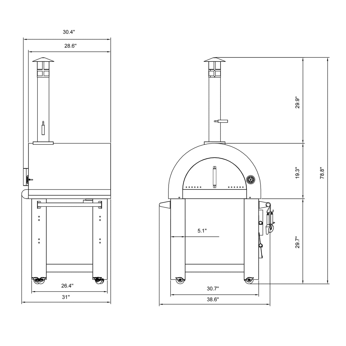 Technical drawing of a pizza oven with dimensions unique BBQ and cooking gift for dad