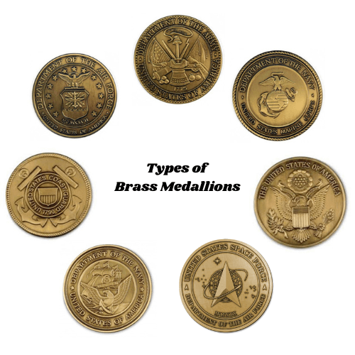 Types of brass medallions available as accents for the flag and medal display case