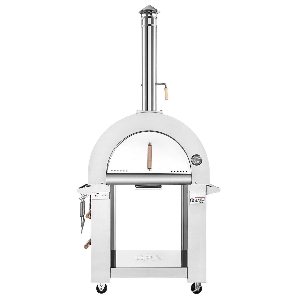 White outdoor pizza oven on wheels with a chimney, brand 'Sogar' visible Empava outdoor wood-fired pizza oven — unique BBQ and cooking gift for dad