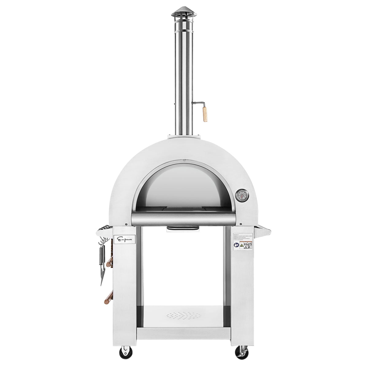 White outdoor pizza oven with a metal chimney on a white background Great dad gift