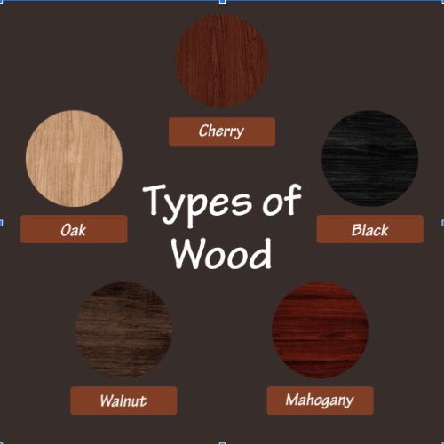 Wood finish options for the flag and medal display case: oak, cherry, black, walnut, and mahogany